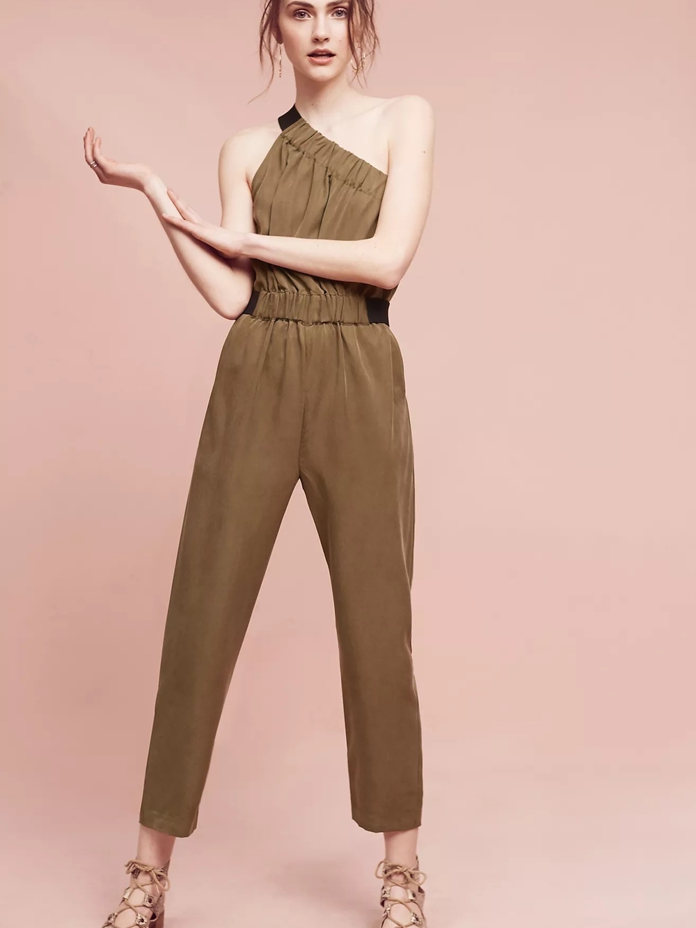 Anthropologie Maeve Verano One Shoulder Jumpsuit Olive Green Moss Pockets Size 6